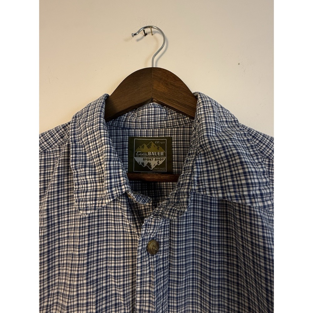 Eddie Bauer Sport Shop Shirt Men's Large Blue Check Short Sleeve Cotton Hiking - Picture 2 of 10